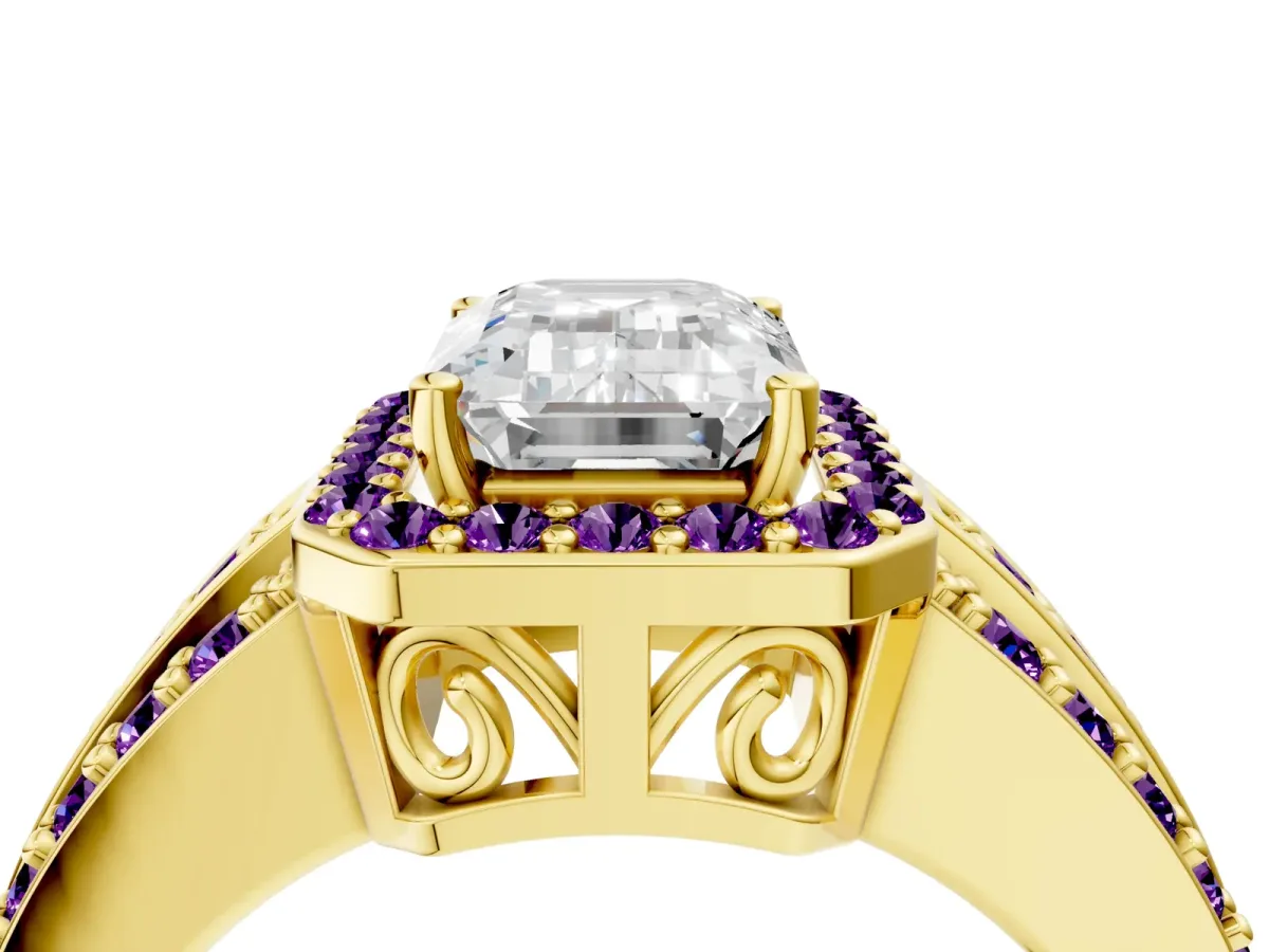 Emerald Cut Halo Diamond Ring with Round Amethyst Split Shank and Prong Setting Yellow gold