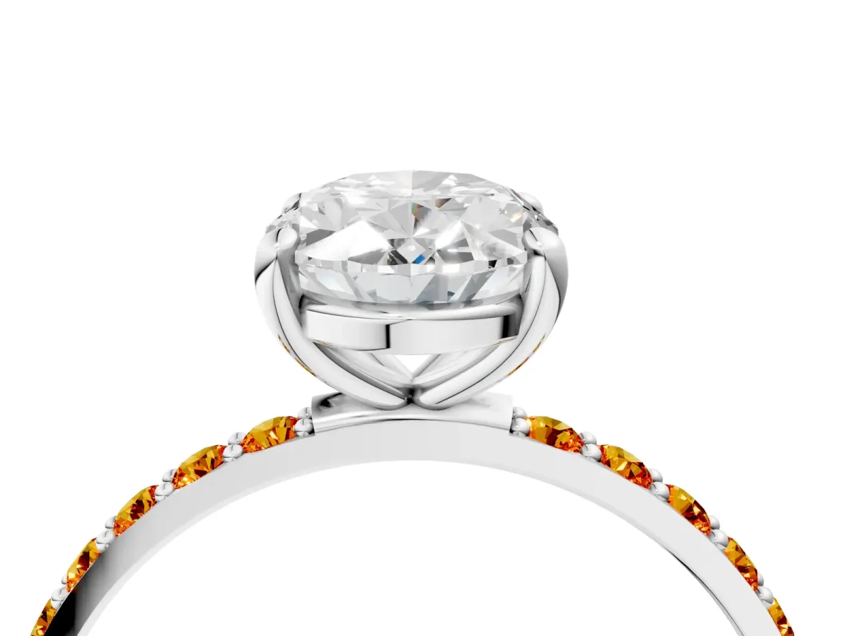Oval Cut Diamond Solitaire Ring with Round Citrine Pavé Band and Prong Setting Platinum