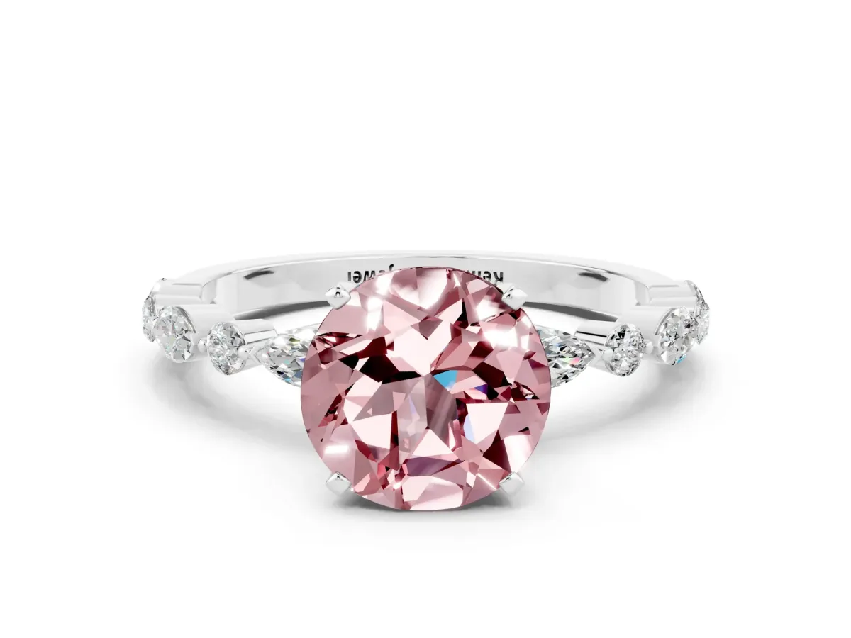 Round Cut Morganite Ring with Marquise and Round Side Stones and Four-Prong Setting Platinum