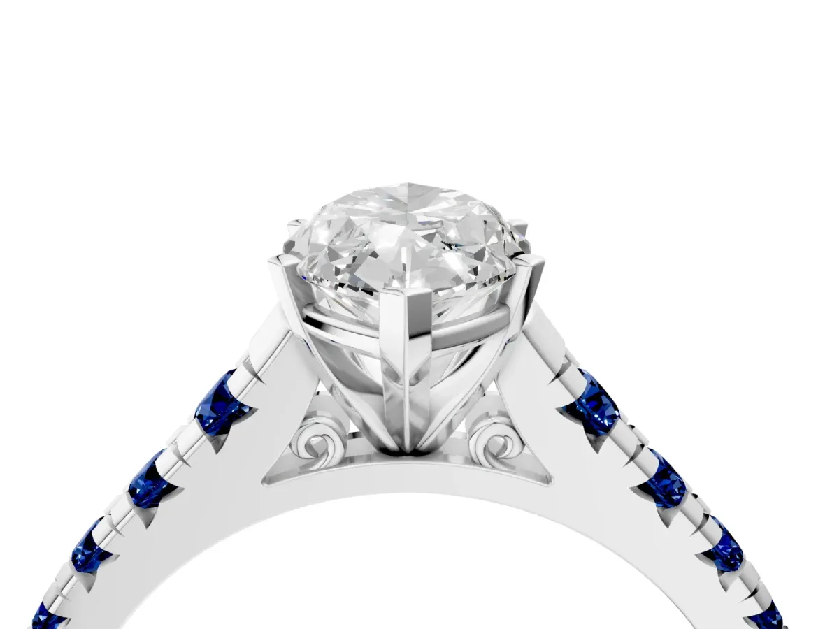 Marquise Cut Diamond Cathedral Solitaire Ring with Round Blue Sapphire Pavé Band Platinum
