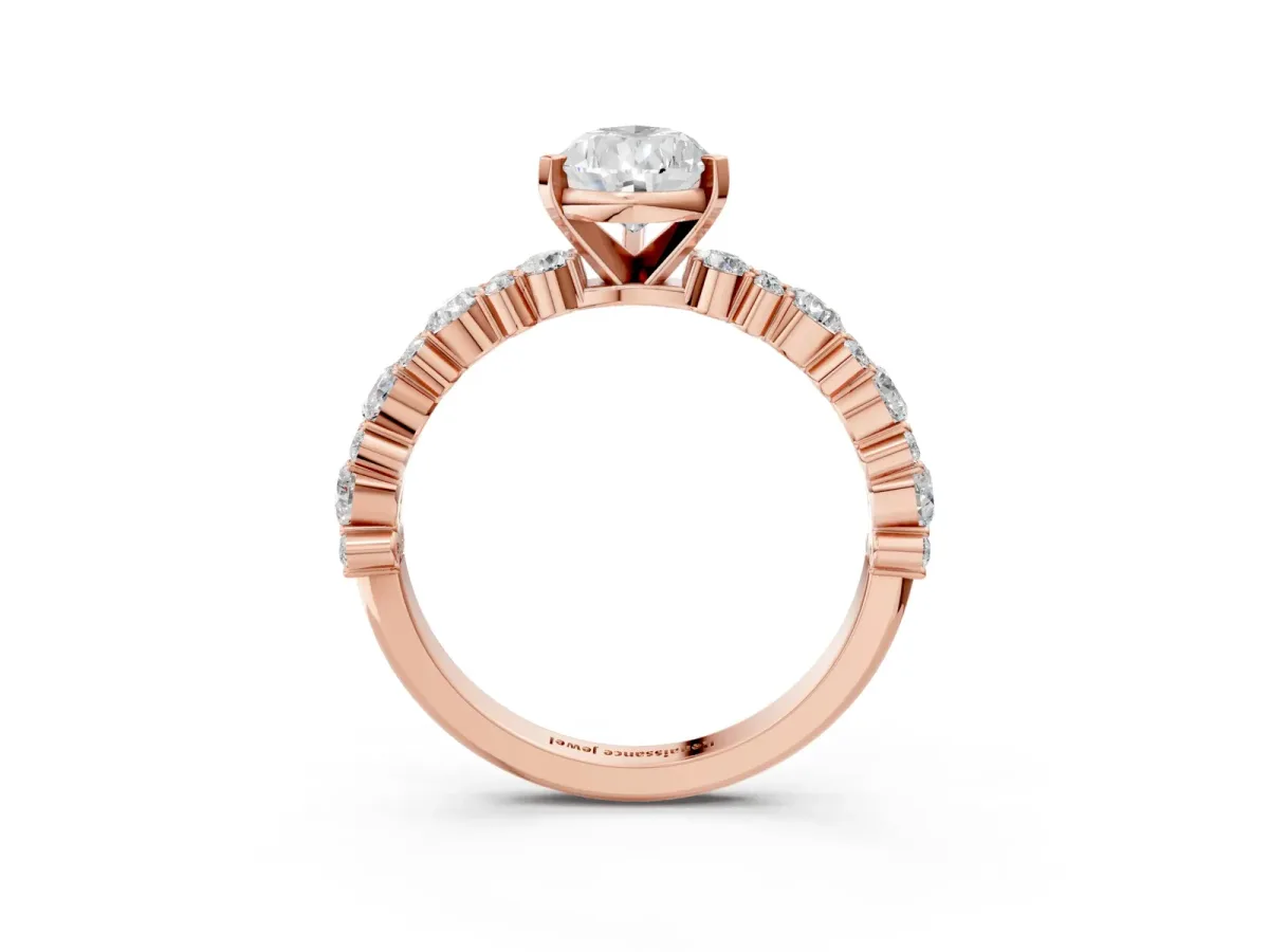 Pear Cut Diamond Side Stone Solitaire Ring with Round Moissanite and Four-Prong Setting Rose gold