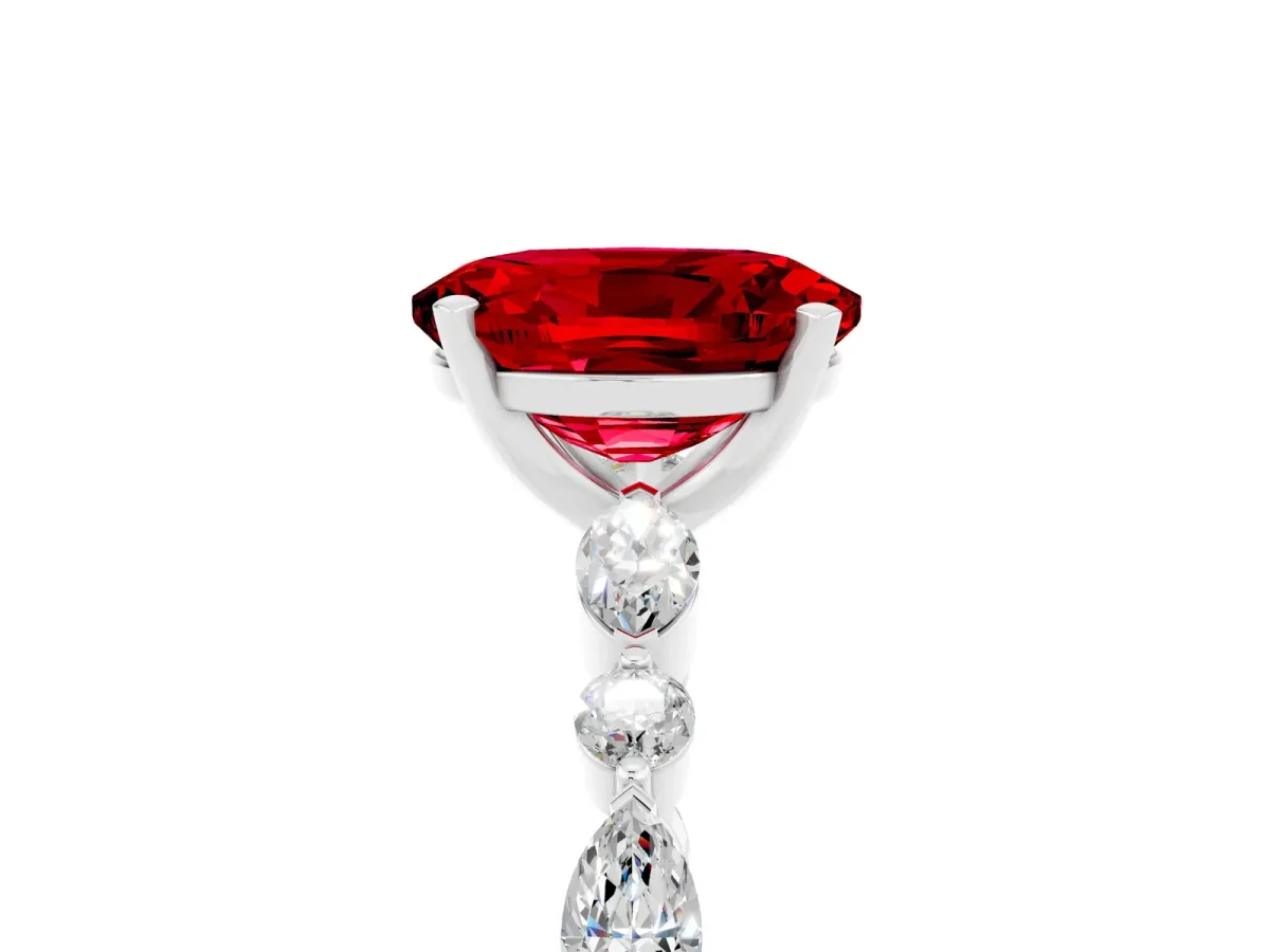 Oval Cut Ruby Ring with Marquise and Round Side Stones and Four-Prong Setting Silver
