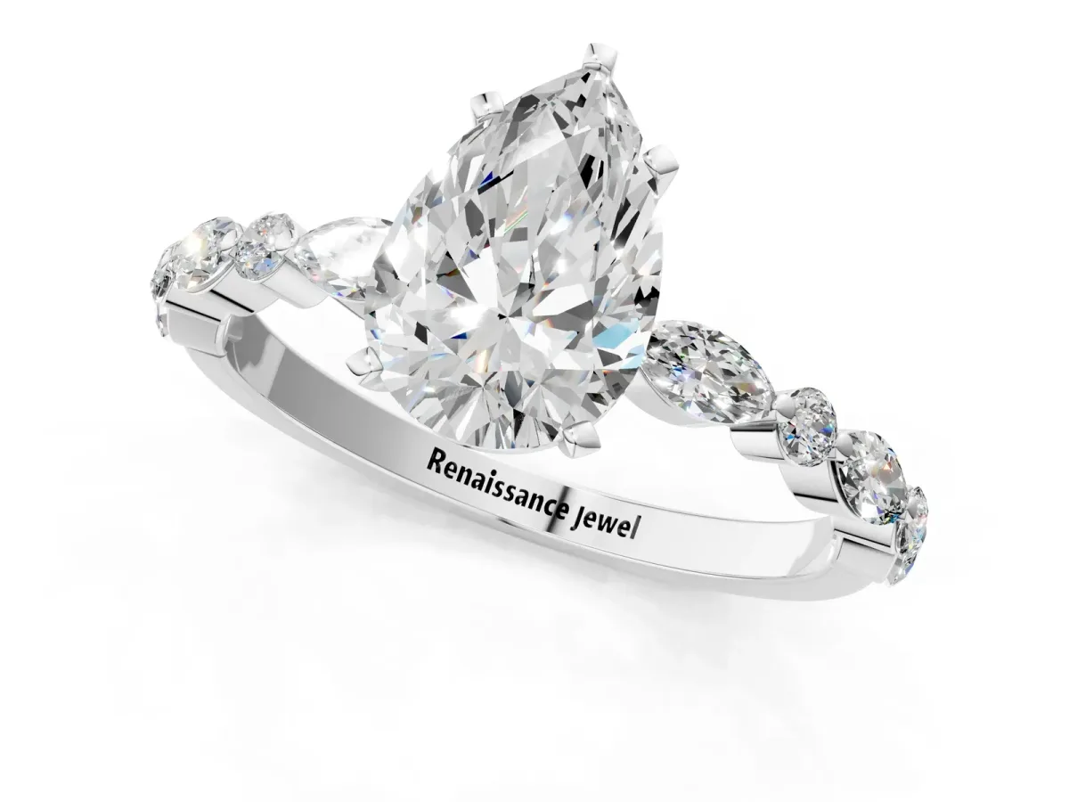 Pear Cut Diamond Ring with Marquise and Round Side Stones and Four-Prong Setting White gold