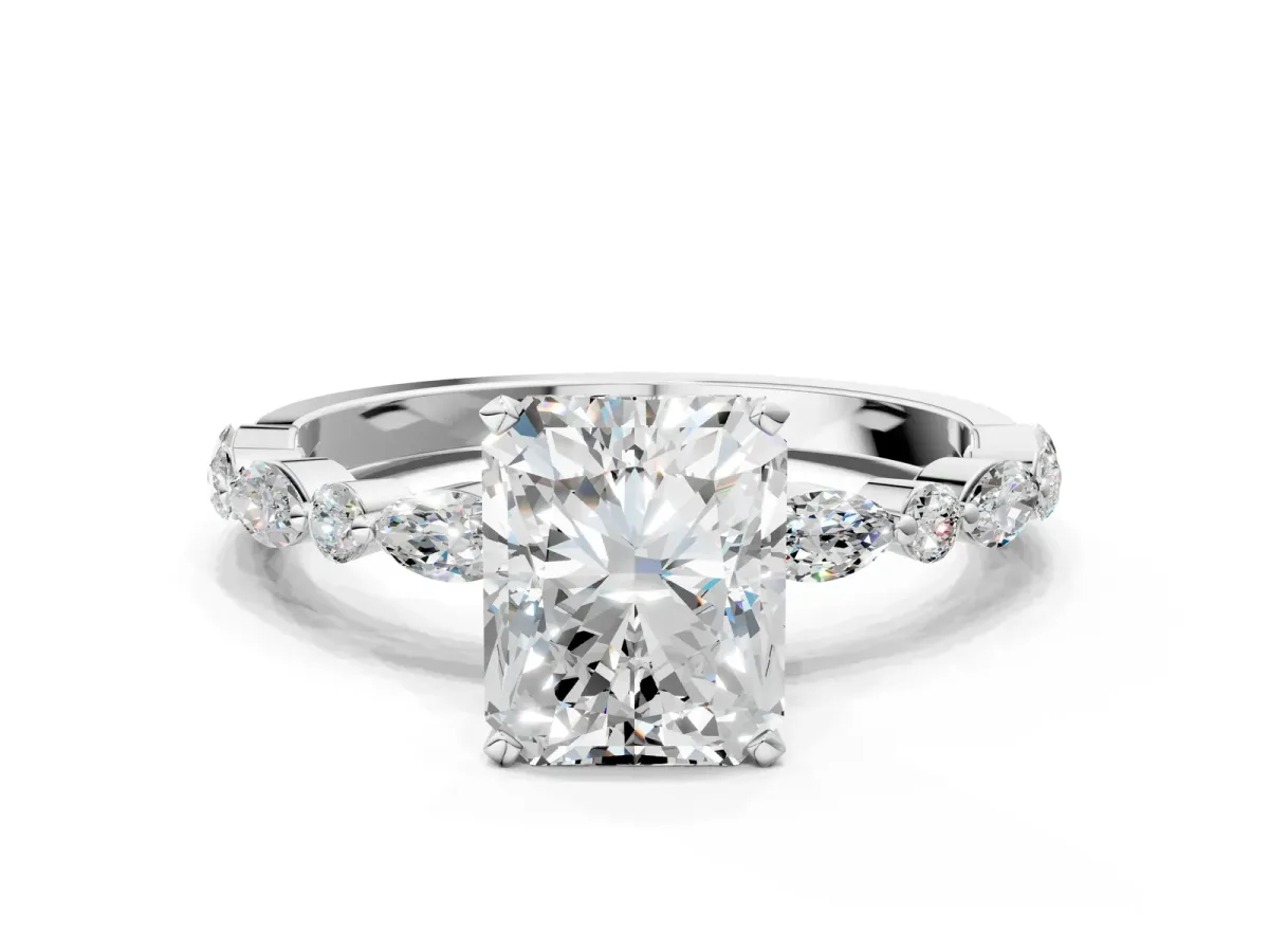 Radiant Cut Diamond Ring with Marquise and Round Side Stones and Four-Prong Setting Platinum