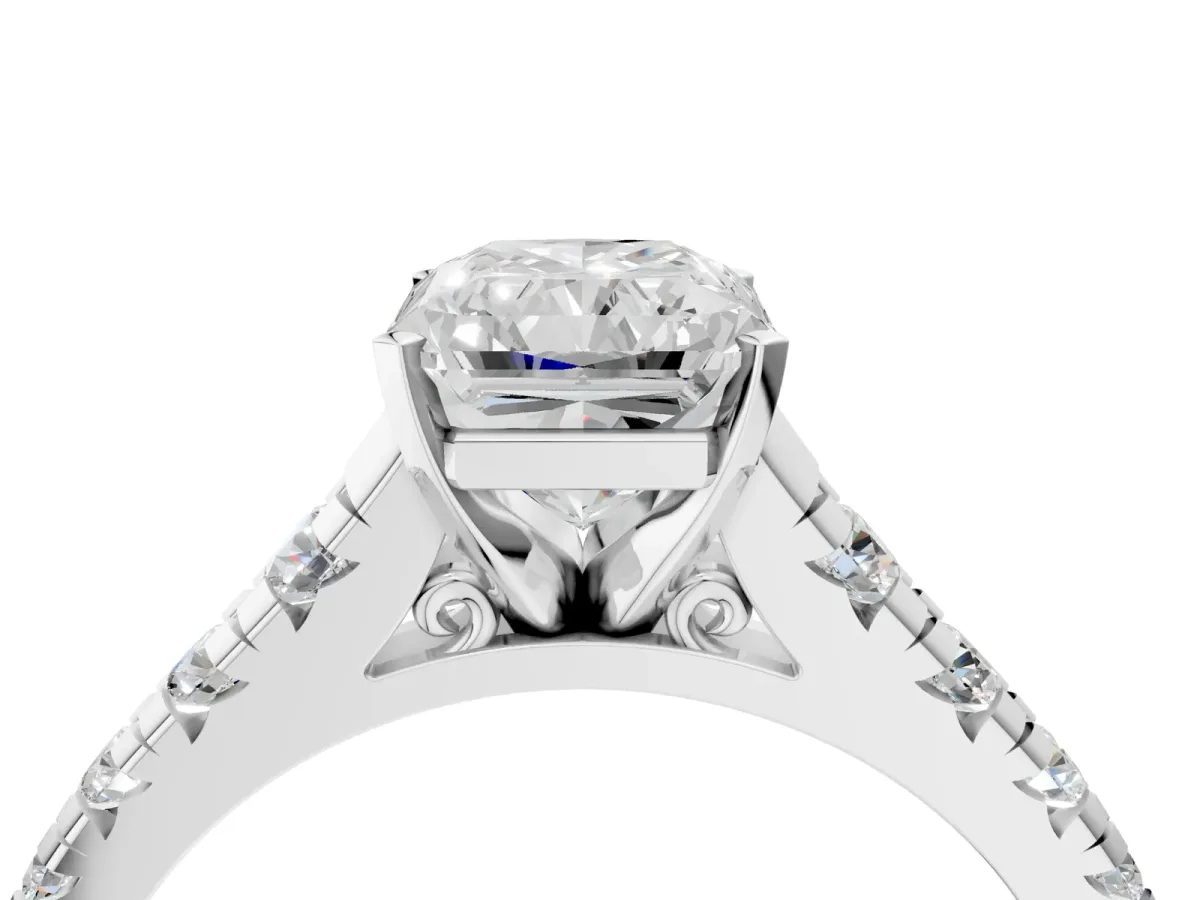Radiant Cut Diamond Cathedral Solitaire Ring with Round Moissanite Pavé Band Platinum