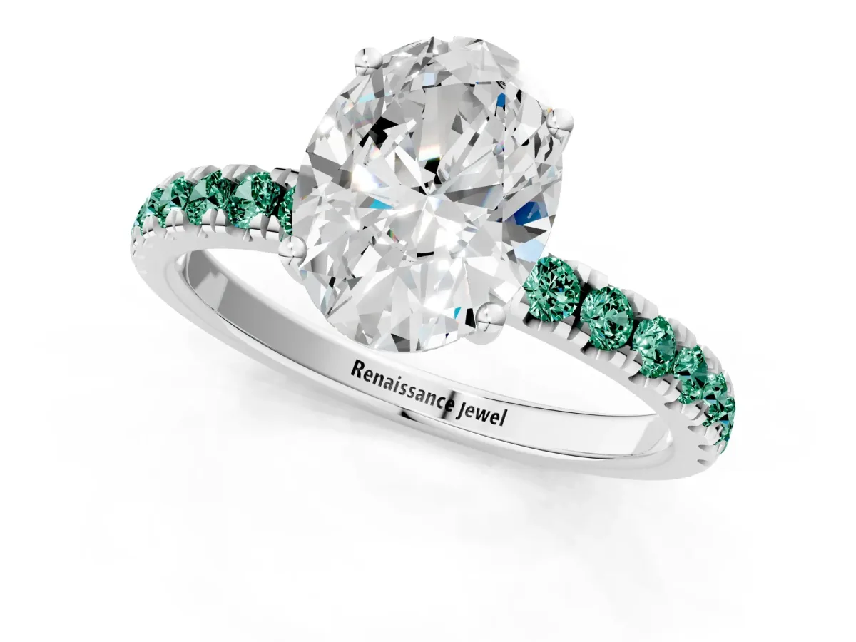 Oval Cut Diamond Pave Band Solitaire Ring with Round Green Sapphire and Prong Setting Silver