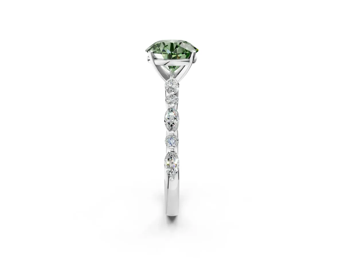 Fancy Green Round Cut Diamond Ring with Marquise and Round Side Stones and Four-Prong Setting Silver