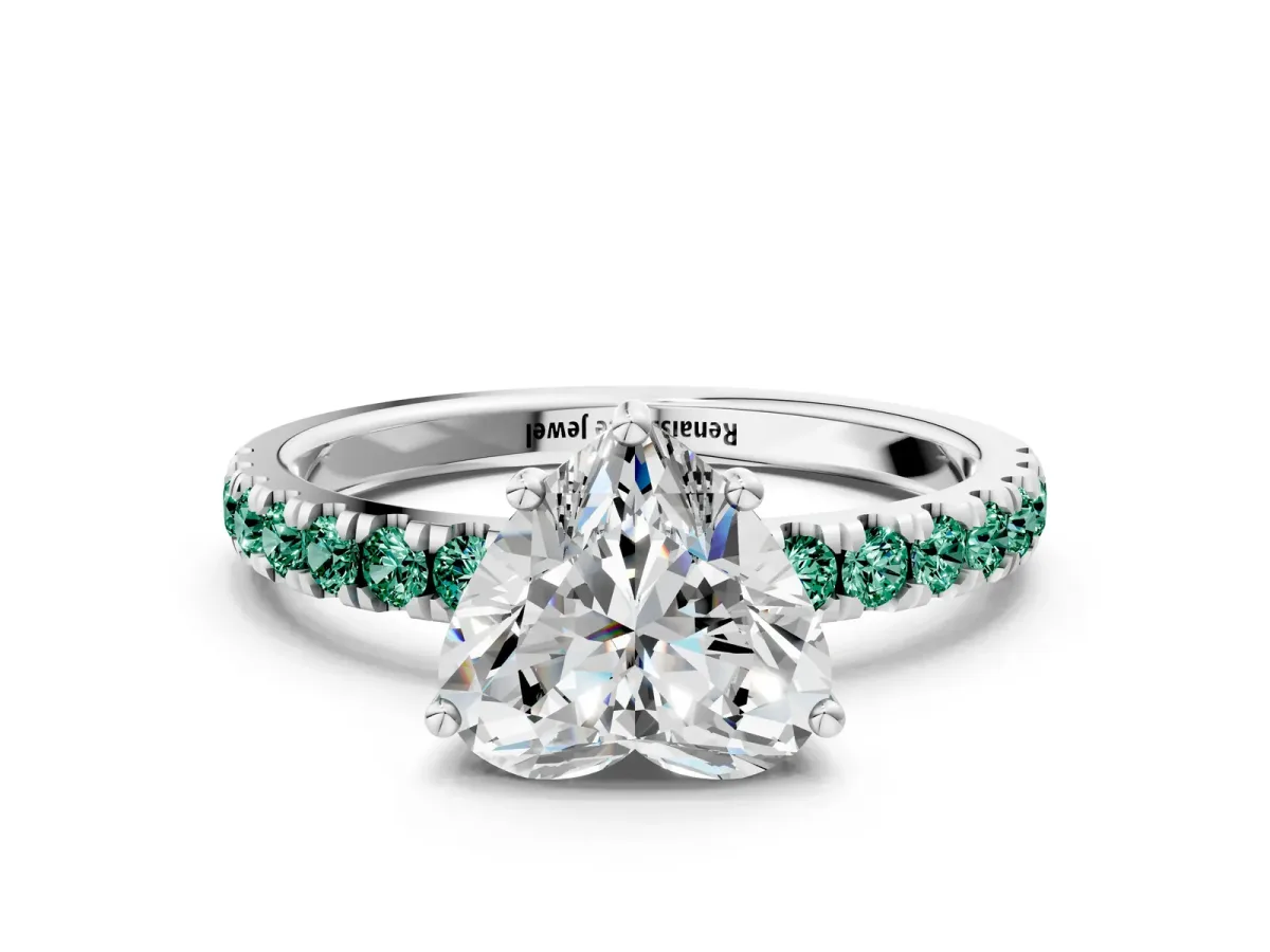 Heart Cut Diamond Pave Band Solitaire Ring with Round Green Sapphire and Prong Setting White gold