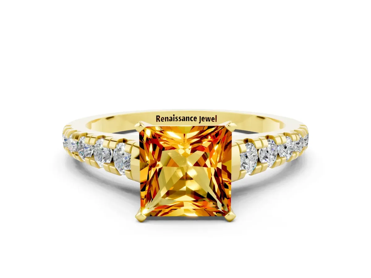 Princess Cut Citrine Cathedral Solitaire Ring with Round Pavé Band Yellow gold