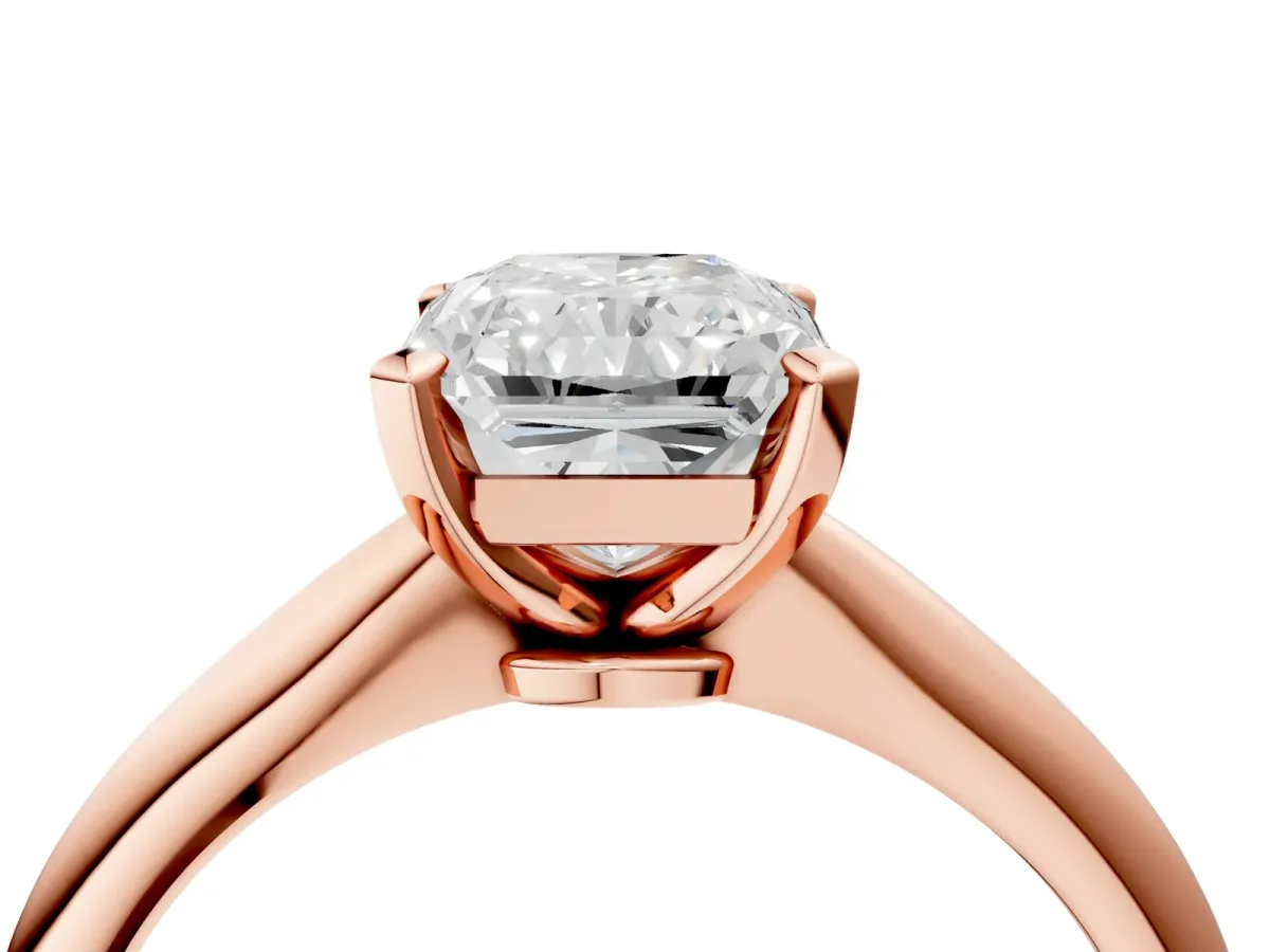 Radiant Cut Diamond Solitaire Engagement Ring with Classic Band and Four-Prong Setting Rose gold
