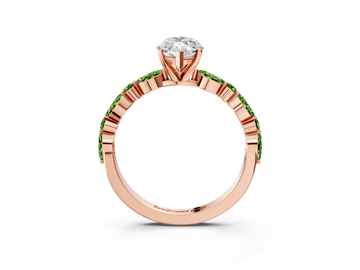 Marquise Cut Diamond Ring with Marquise and Round Peridot Side Stones and Four-Prong Setting Rose gold