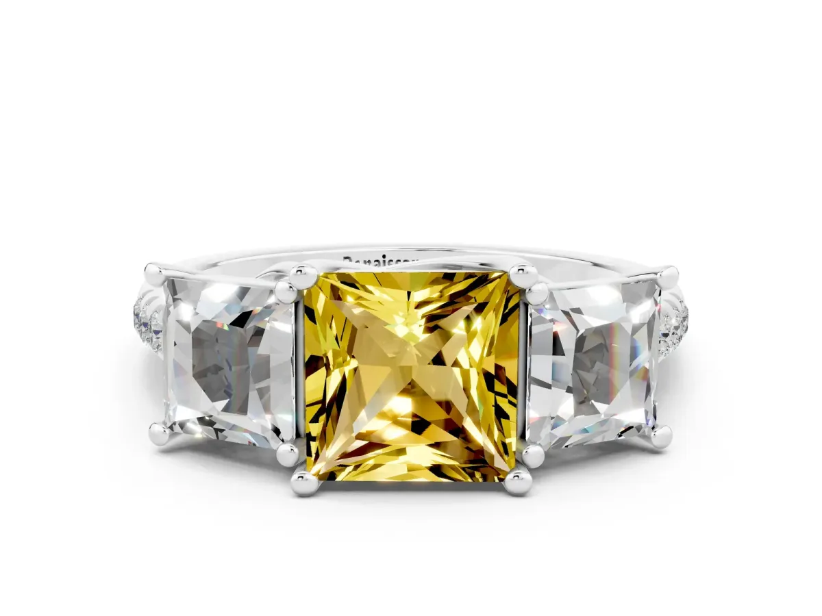 Three-Stone Princess Cut Yellow Sapphire Ring with Round Pavé Band and Prong Setting Silver