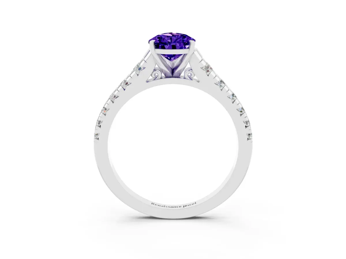 Pear Cut Tanzanite Cathedral Solitaire Ring with Round Pavé Band Platinum
