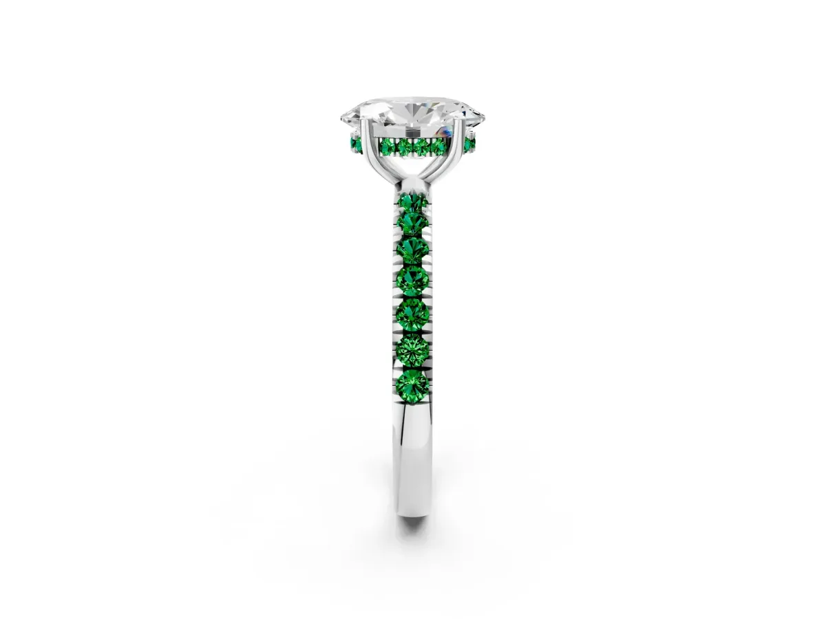 Oval Cut Diamond Pave Band Solitaire Ring with Round Emerald and Prong Setting White gold