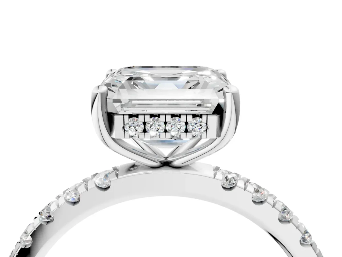 Asscher Cut Diamond Pave Band Solitaire Ring with Round Moissanite and Prong Setting Platinum