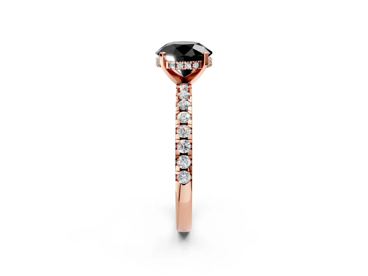 Fancy Black Round Cut Diamond Solitaire Ring with Round Pavé Band and Four-Prong Setting Rose gold