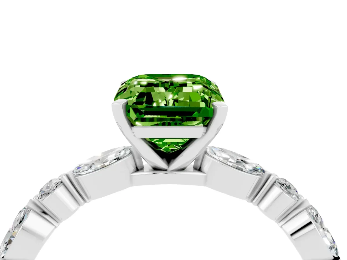 Emerald Cut Peridot Ring with Marquise and Round Side Stones and Four-Prong Setting White gold