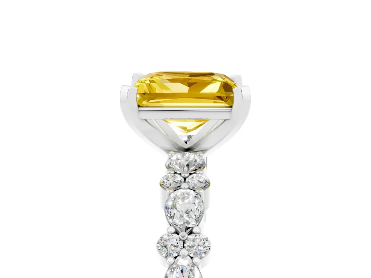 Princess Cut Yellow Sapphire Side Stone Solitaire Ring with Round and Four-Prong Setting Silver