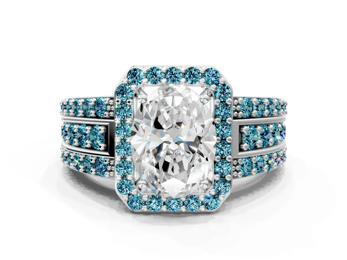 Oval Cut Halo Diamond Ring with Round Blue Topaz Split Shank and Prong Setting White gold