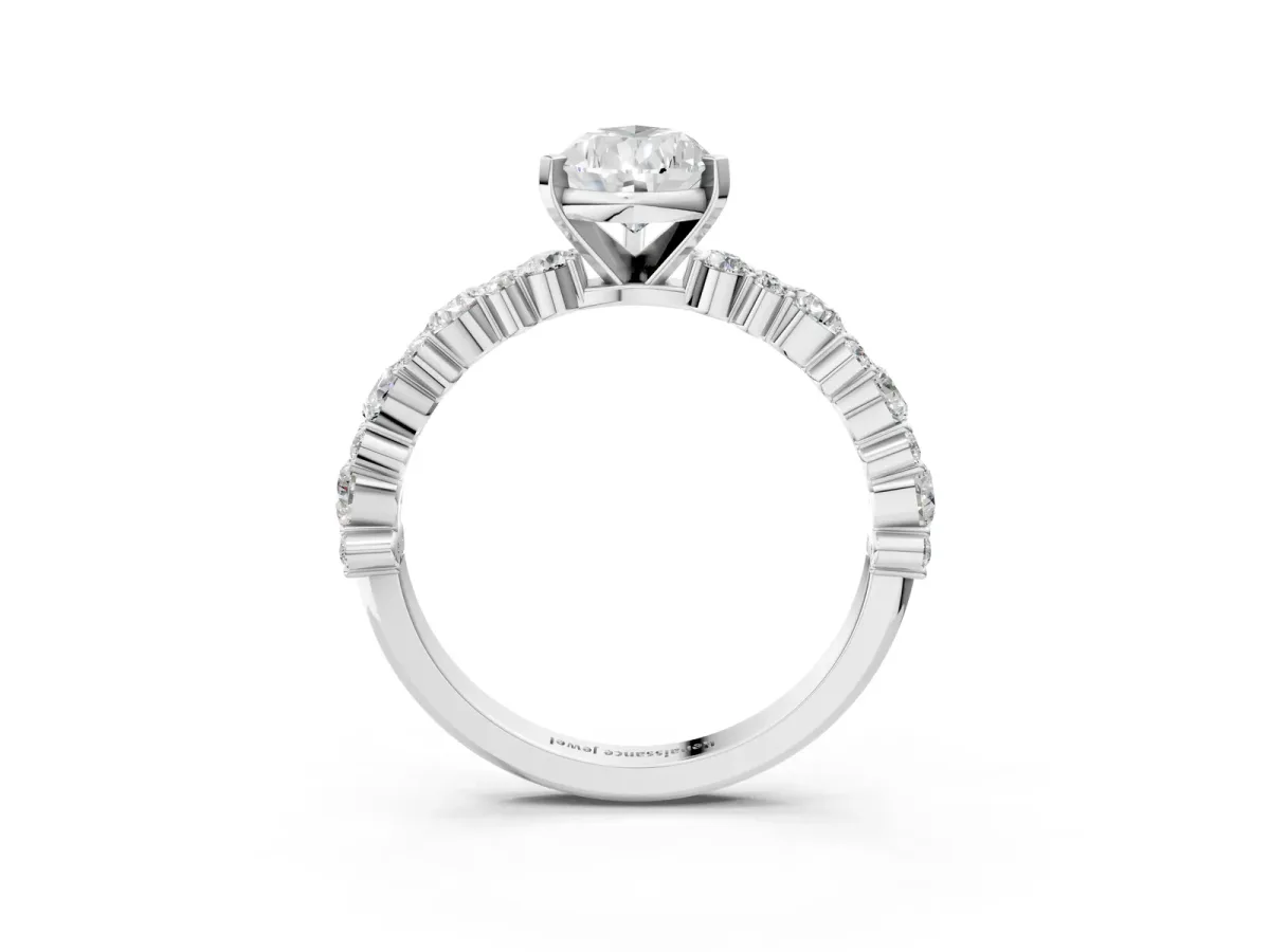 Pear Cut Diamond Side Stone Solitaire Ring with Round Moissanite and Four-Prong Setting White gold