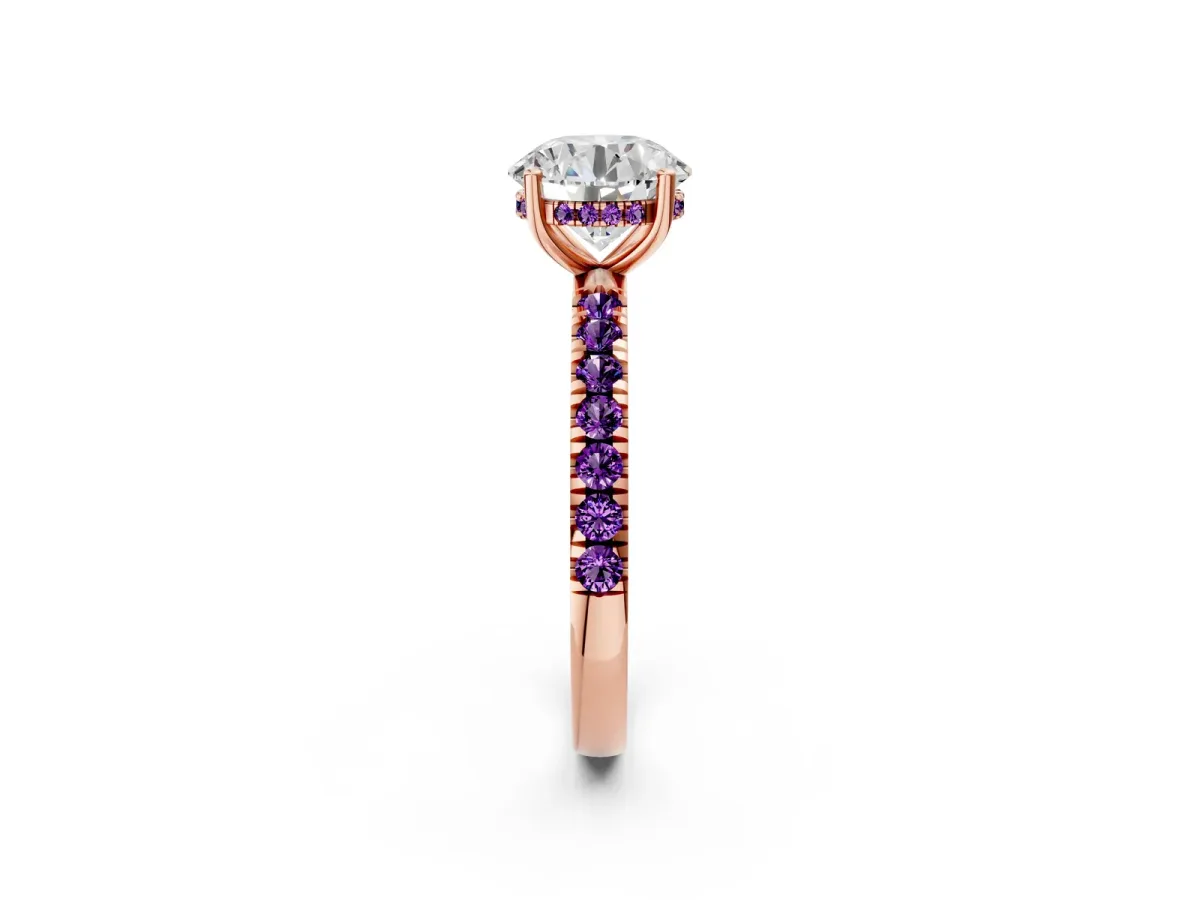 Round Cut Diamond Pave Band Solitaire Ring with Round Amethyst and Prong Setting Rose gold