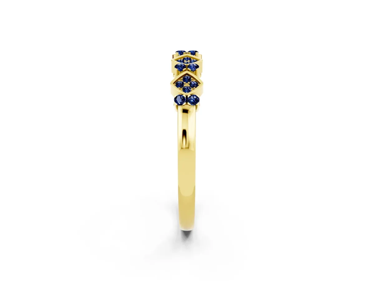 Pavé Cushion Blue Sapphire Cluster Eternity Band with Prong Setting Yellow gold
