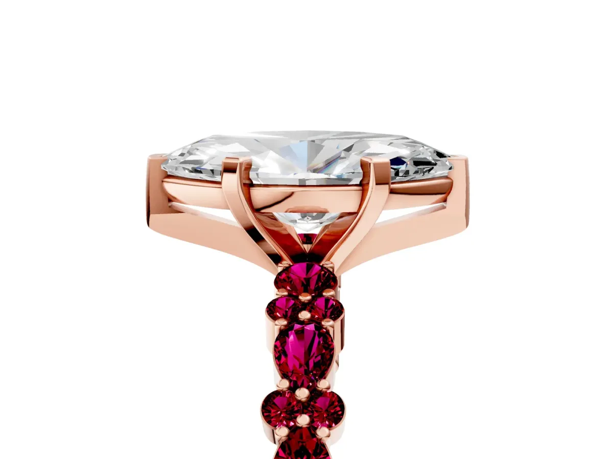 Marquise Cut Diamond Side Stone Solitaire Ring with Round Garnet and Four-Prong Setting Rose gold