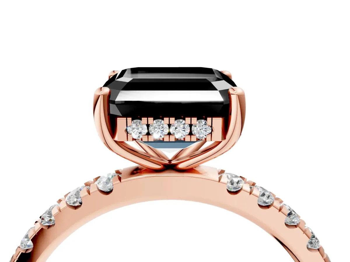 Fancy Black Asscher Cut Diamond Pave Band Solitaire Ring with Round and Prong Setting Rose gold