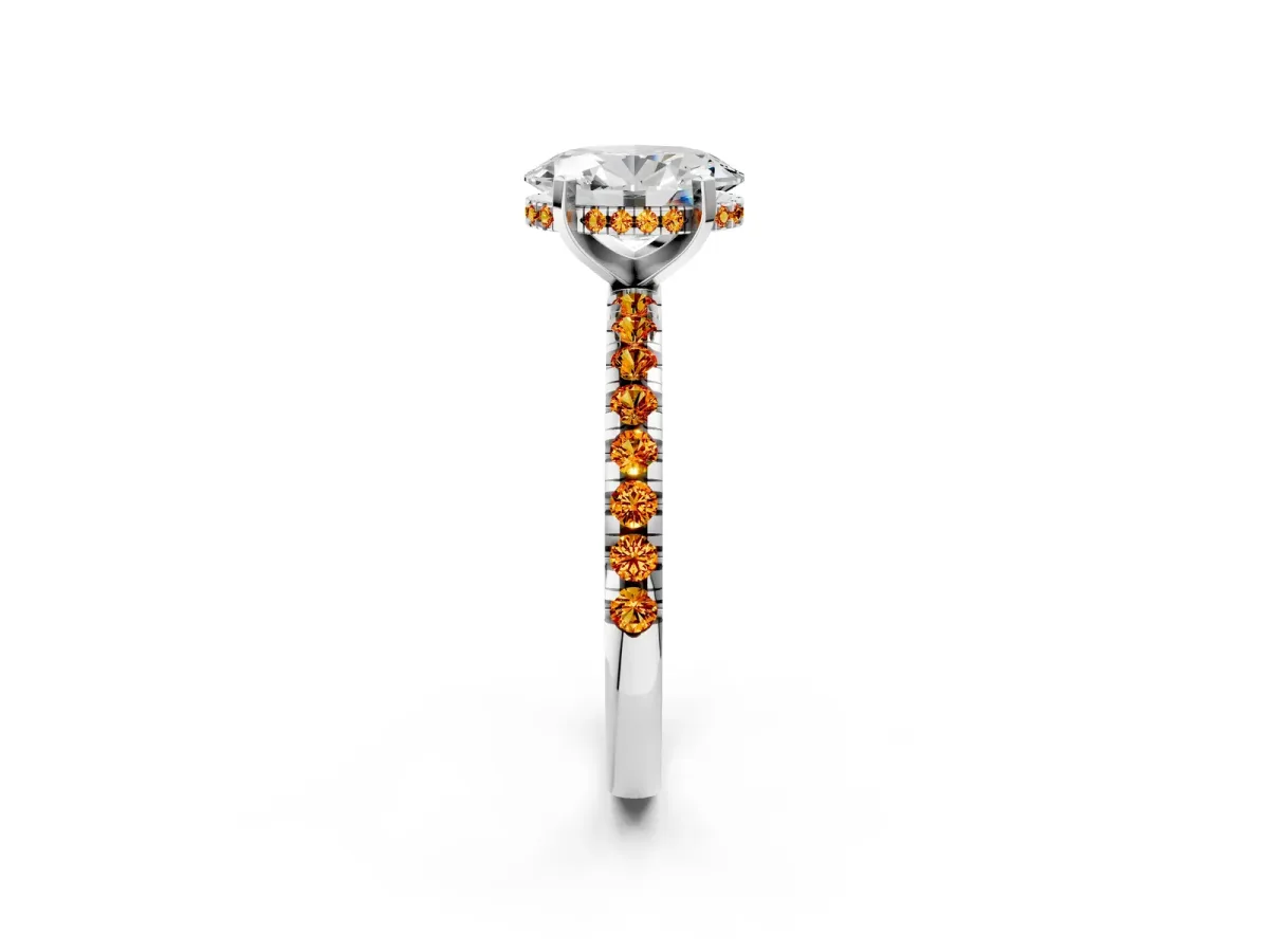 Oval Cut Diamond Solitaire Ring with Round Citrine Pavé Band and Four-Prong Setting Silver