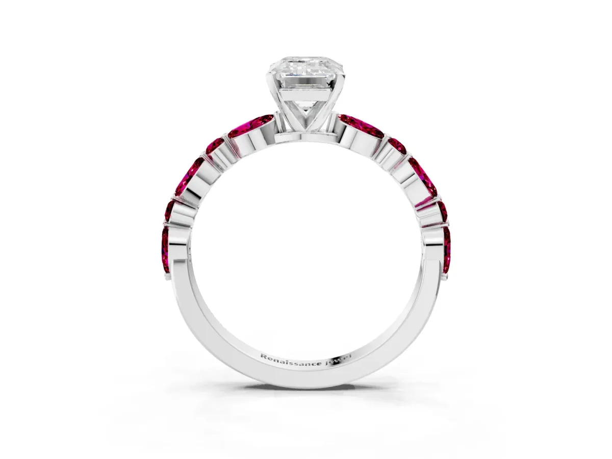Emerald Cut Diamond Ring with Marquise and Round Garnet Side Stones and Four-Prong Setting Platinum