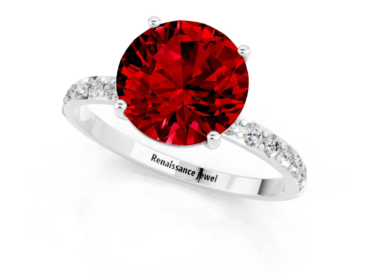 Round Cut Ruby Solitaire Ring with Round Pavé Band and Prong Setting White gold