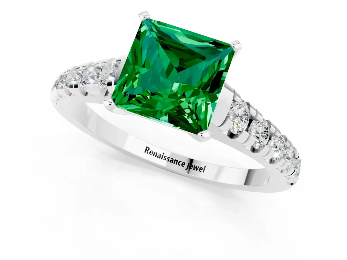 Princess Cut Emerald Cathedral Solitaire Ring with Round Pavé Band Silver