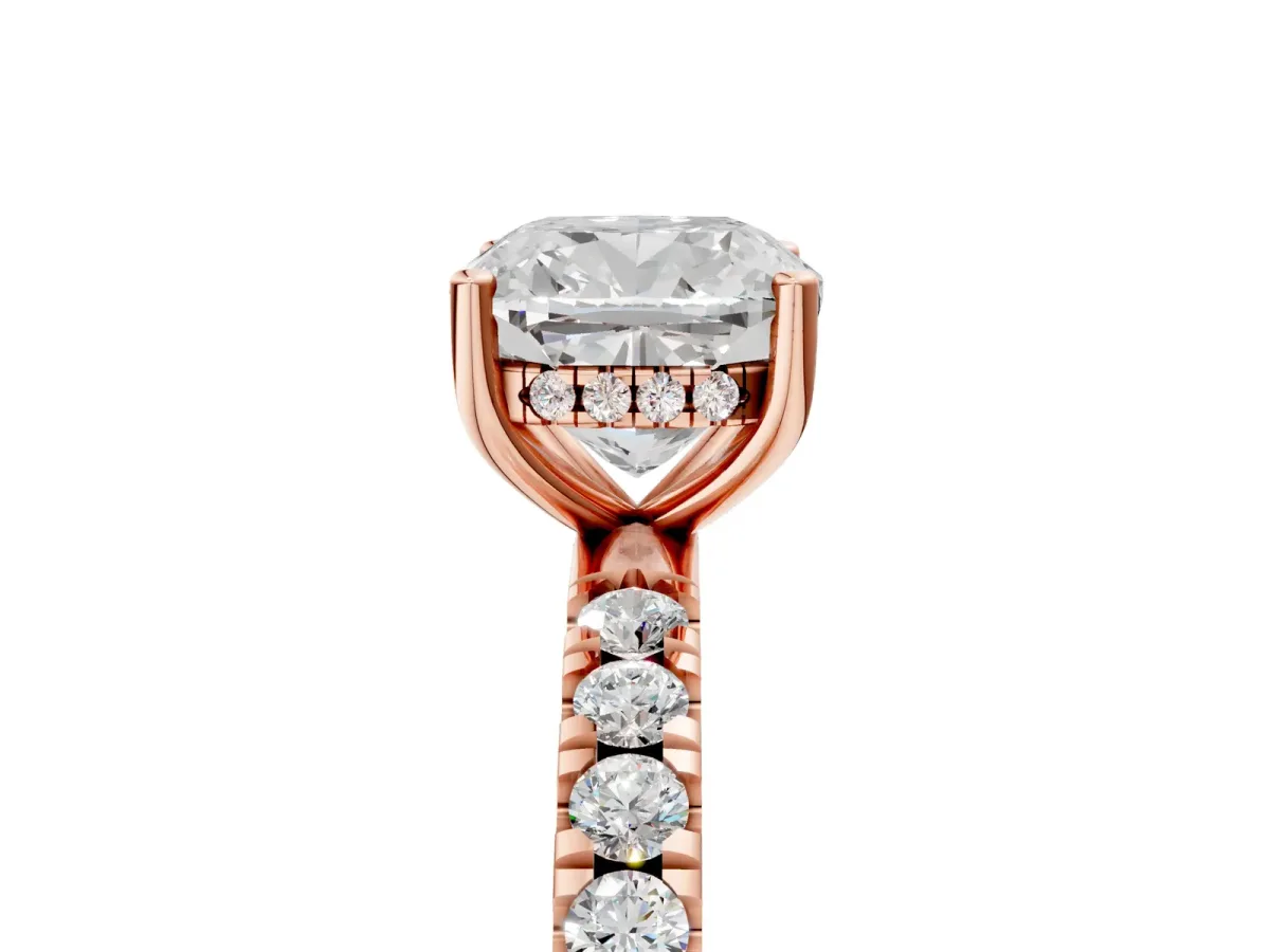Cushion Cut Diamond Pave Band Solitaire Ring with Round and Prong Setting Rose gold