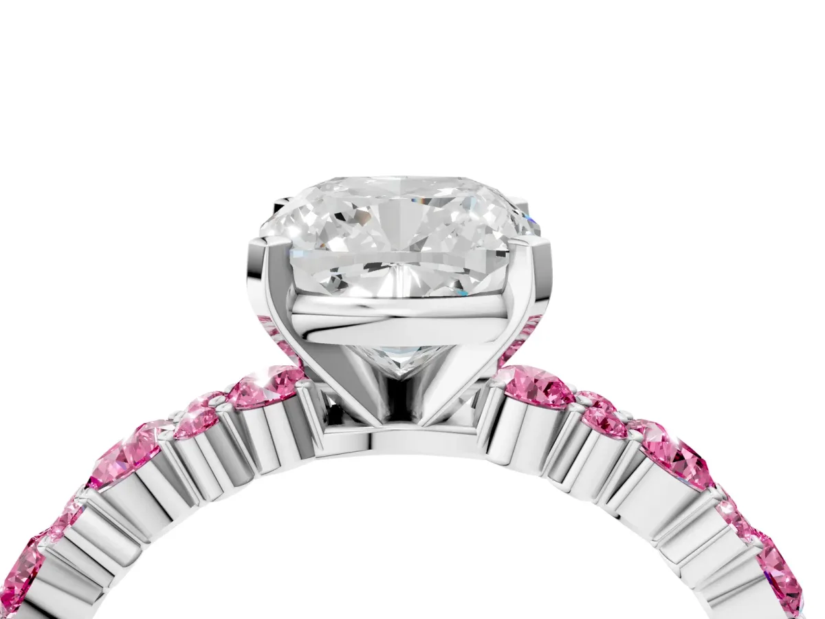 Cushion Cut Diamond Side Stone Solitaire Ring with Round Pink Sapphire and Four-Prong Setting Platinum