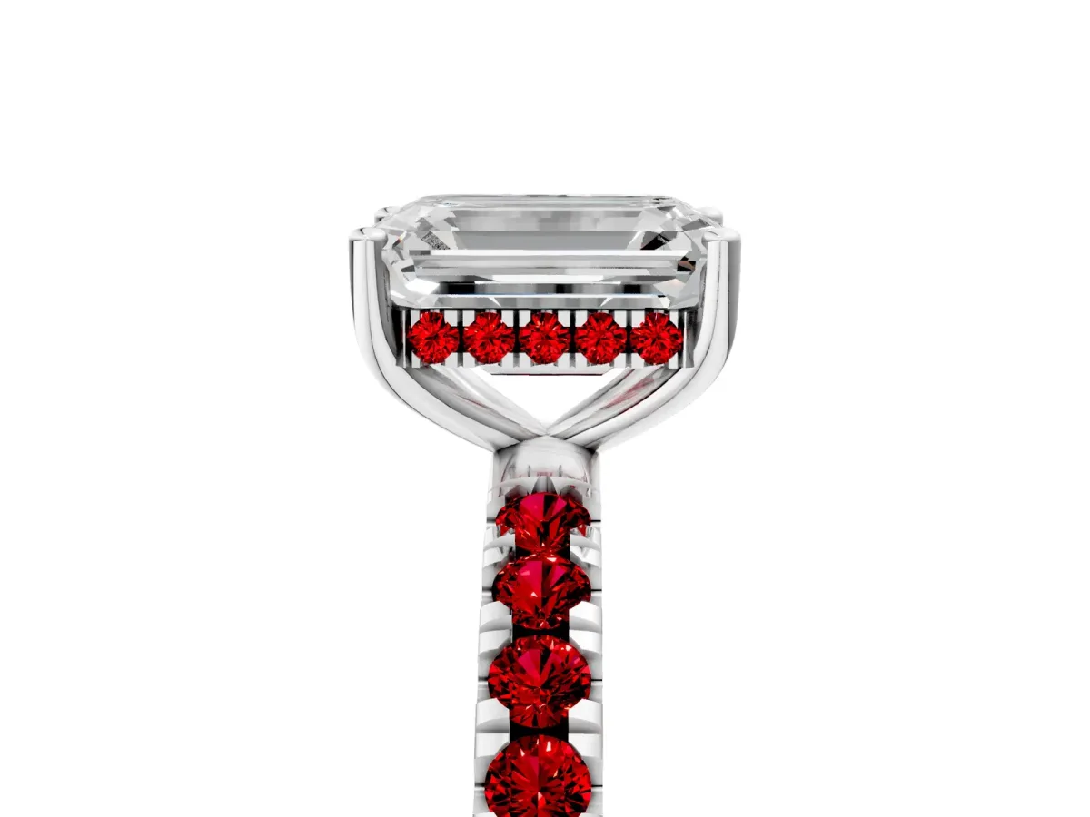 Emerald Cut Diamond Pave Band Solitaire Ring with Round Ruby and Prong Setting Platinum