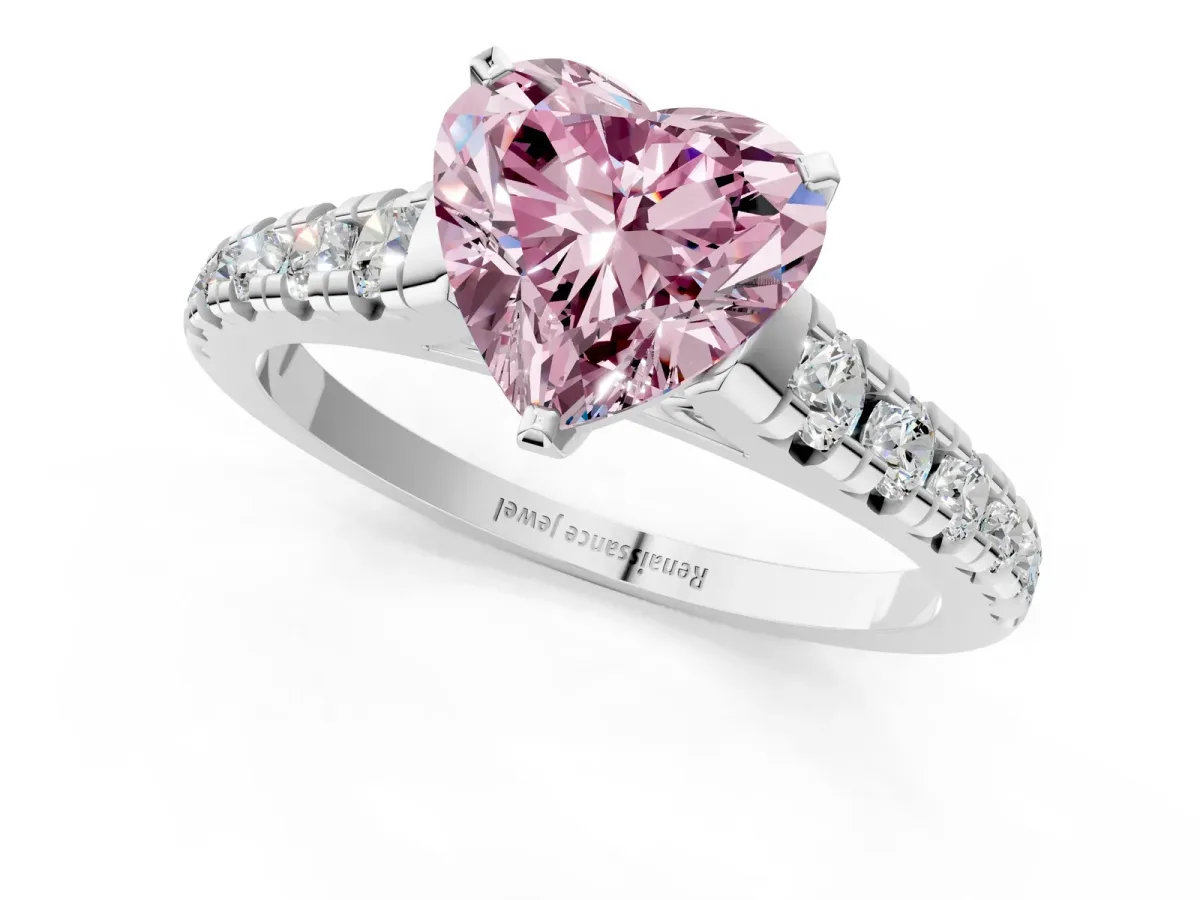 Fancy Pink Heart Cut Diamond Cathedral Solitaire Ring with Round Pavé Band Silver