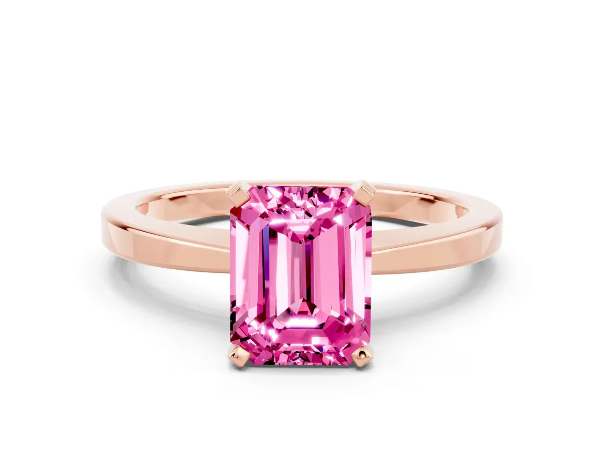 Emerald Cut Pink Sapphire Solitaire Engagement Ring with Classic Band and Four-Prong Setting Rose gold