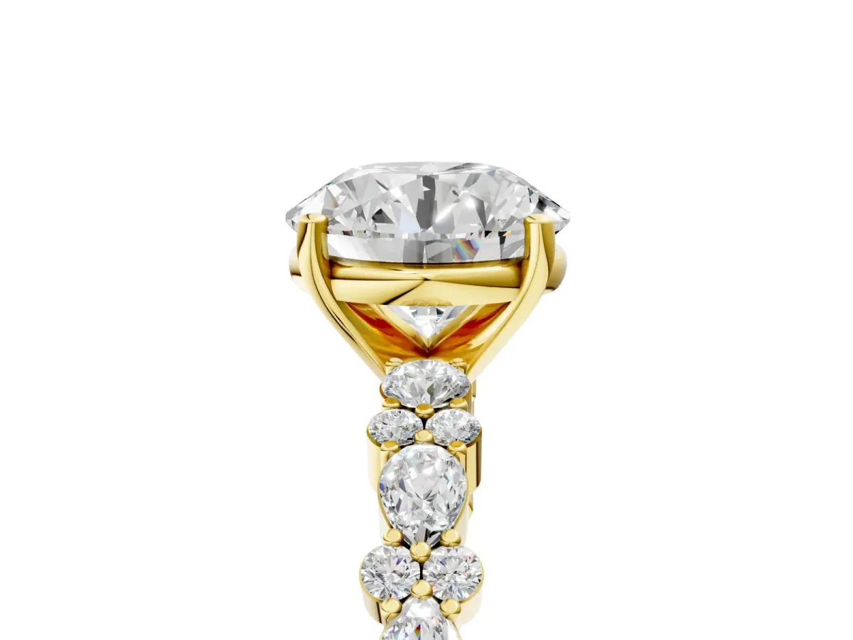 Round Cut Diamond Side Stone Solitaire Ring with Round Moissanite and Four-Prong Setting Yellow gold