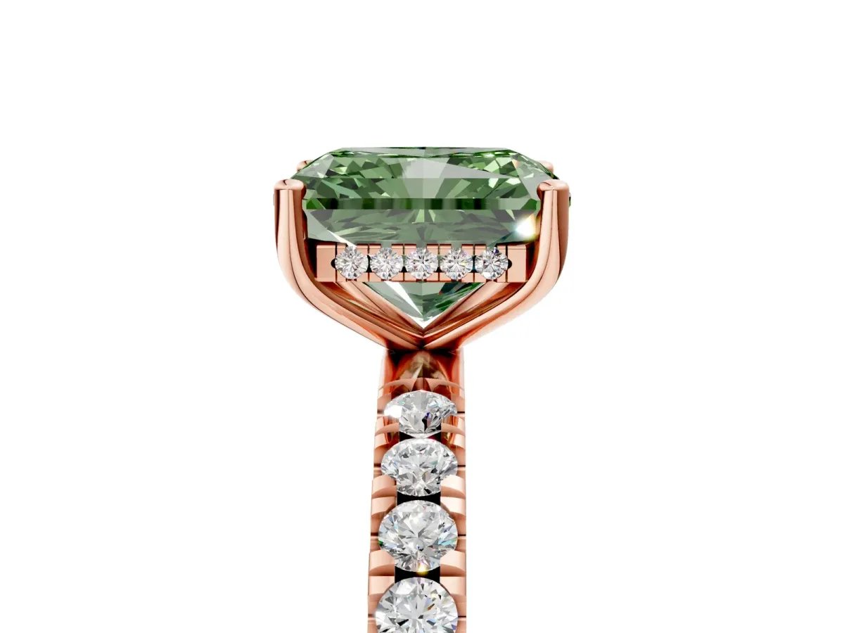 Fancy Green Radiant Cut Diamond Pave Band Solitaire Ring with Round and Prong Setting Rose gold