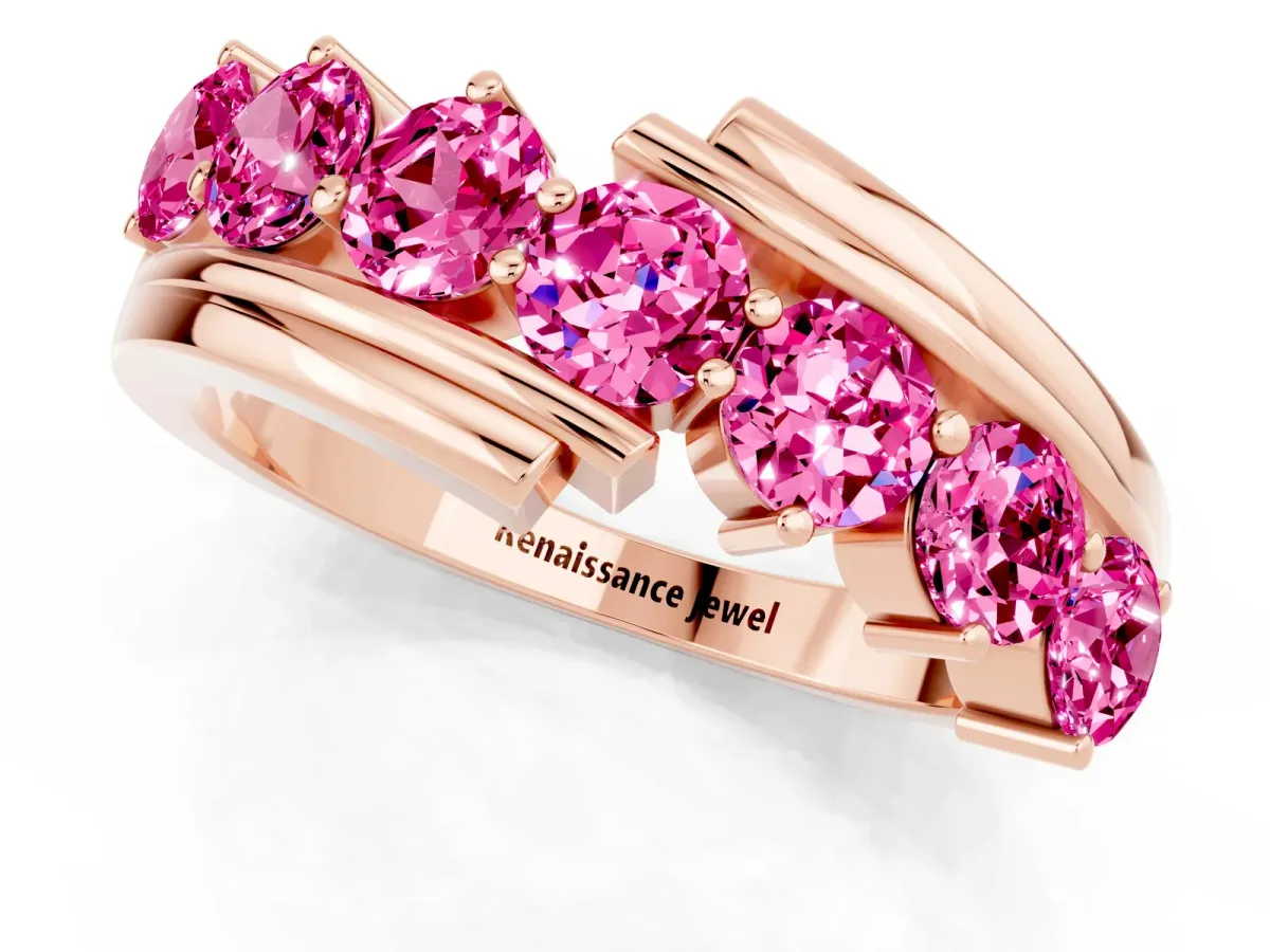 Round Pink Sapphire Wave Band with Channel and Shared Prong Setting Rose gold