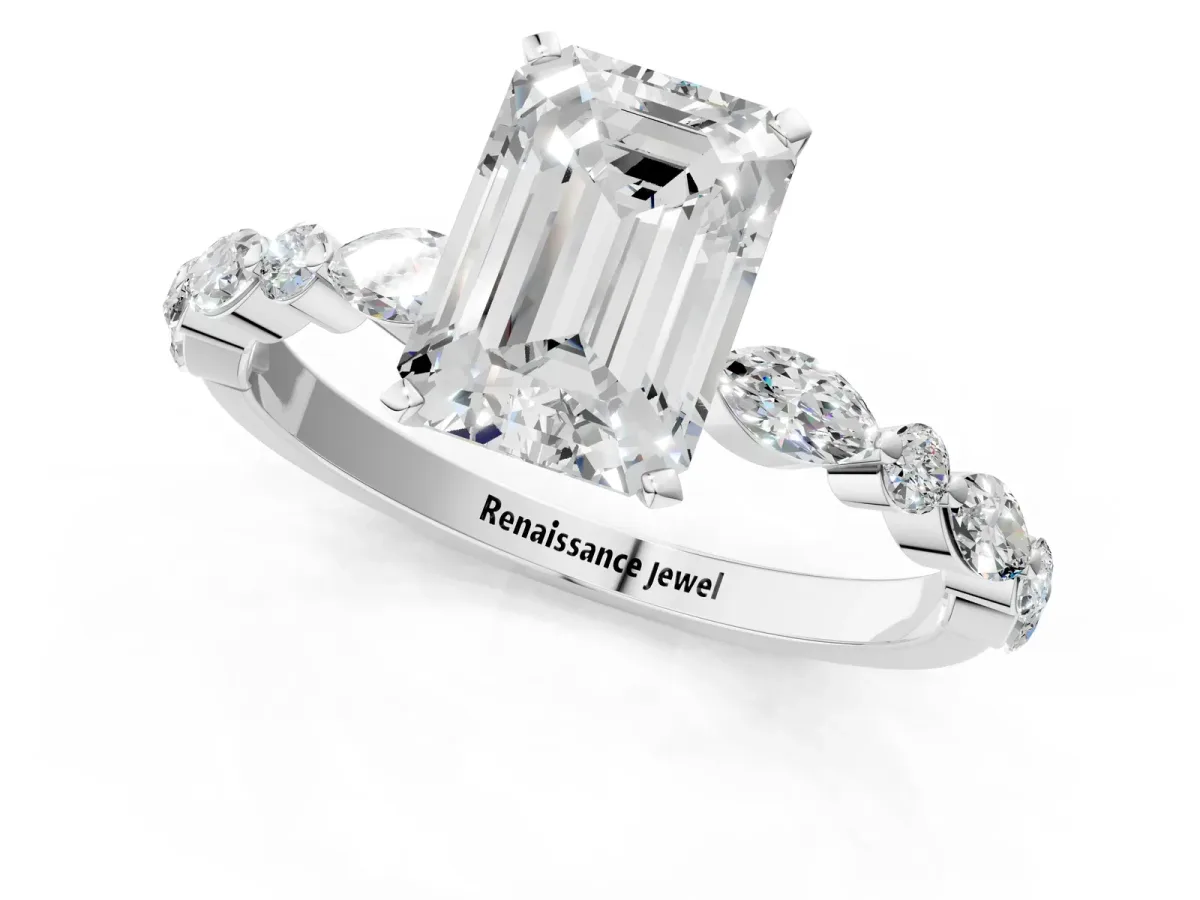 Emerald Cut Diamond Ring with Marquise and Round Moissanite Side Stones and Four-Prong Setting Silver