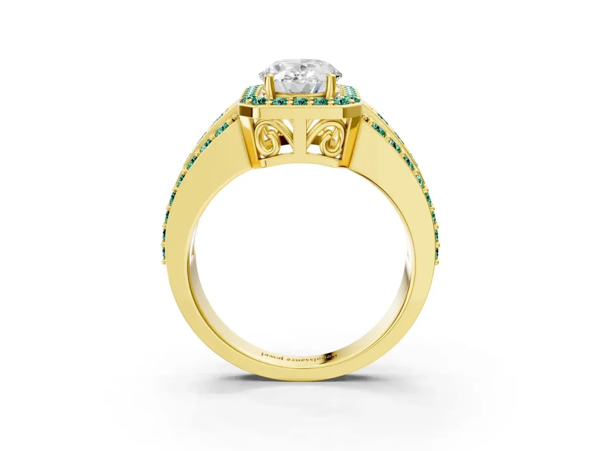 Oval Cut Halo Diamond Ring with Round Green Sapphire Split Shank and Prong Setting Yellow gold