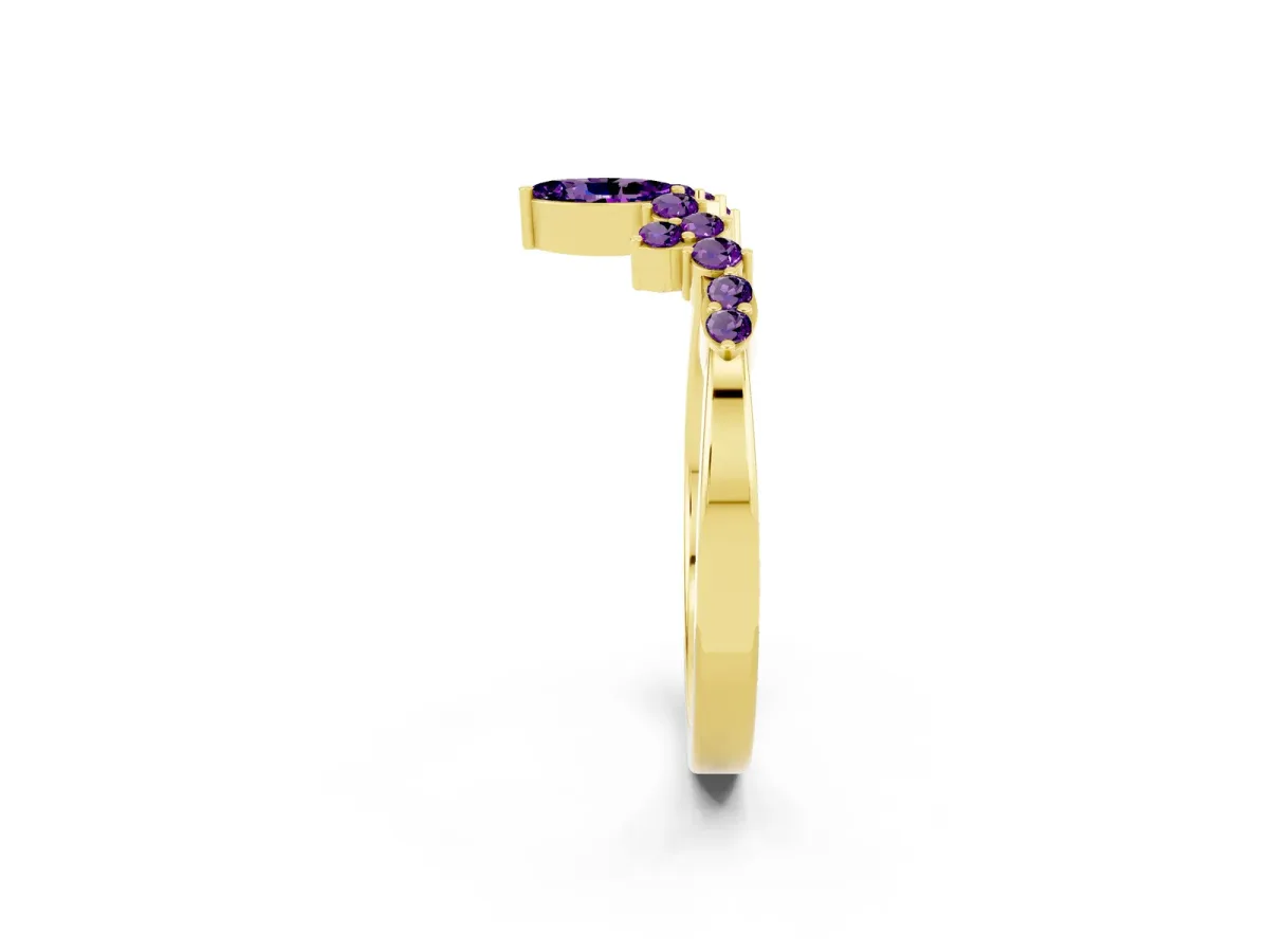 Marquise and Round Amethyst Chevron Band with Prong Setting Yellow gold