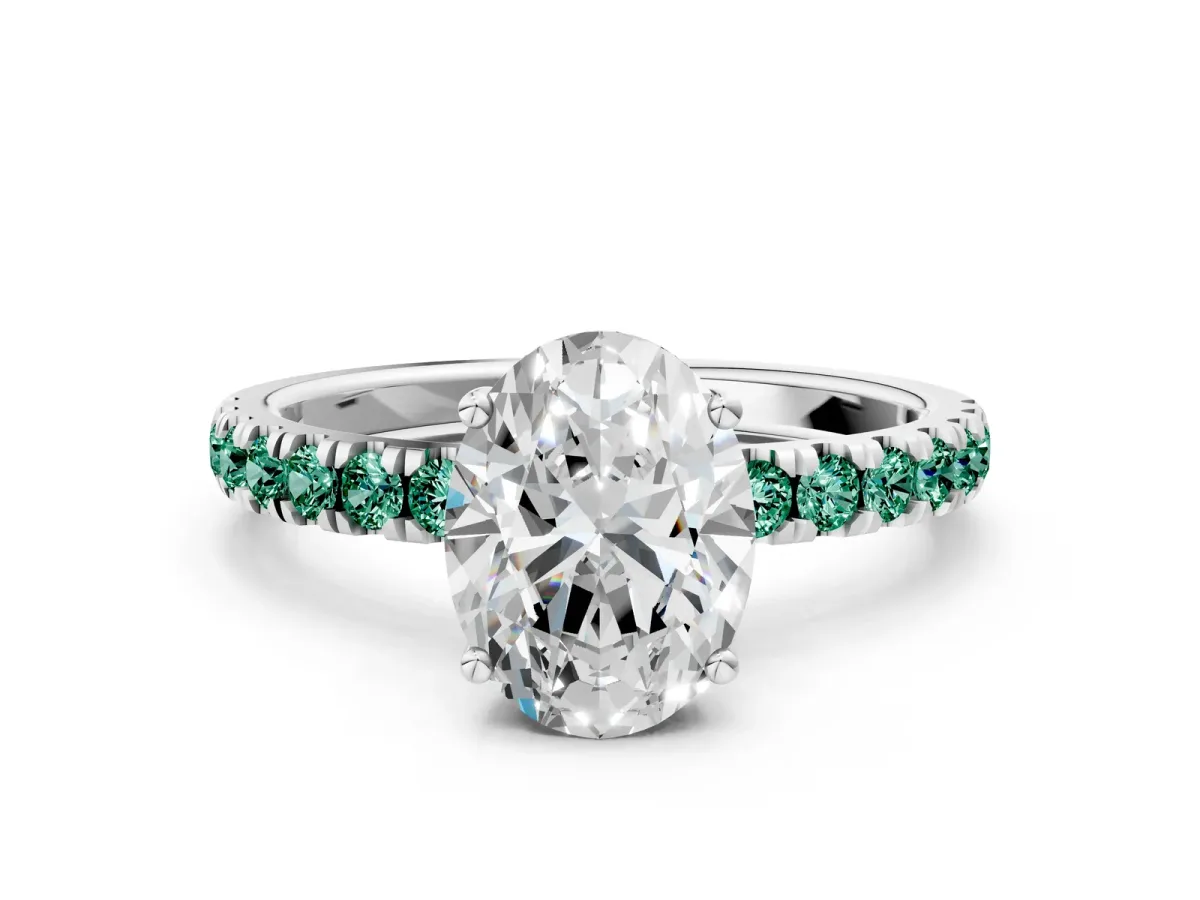 Oval Cut Diamond Pave Band Solitaire Ring with Round Green Sapphire and Prong Setting Silver