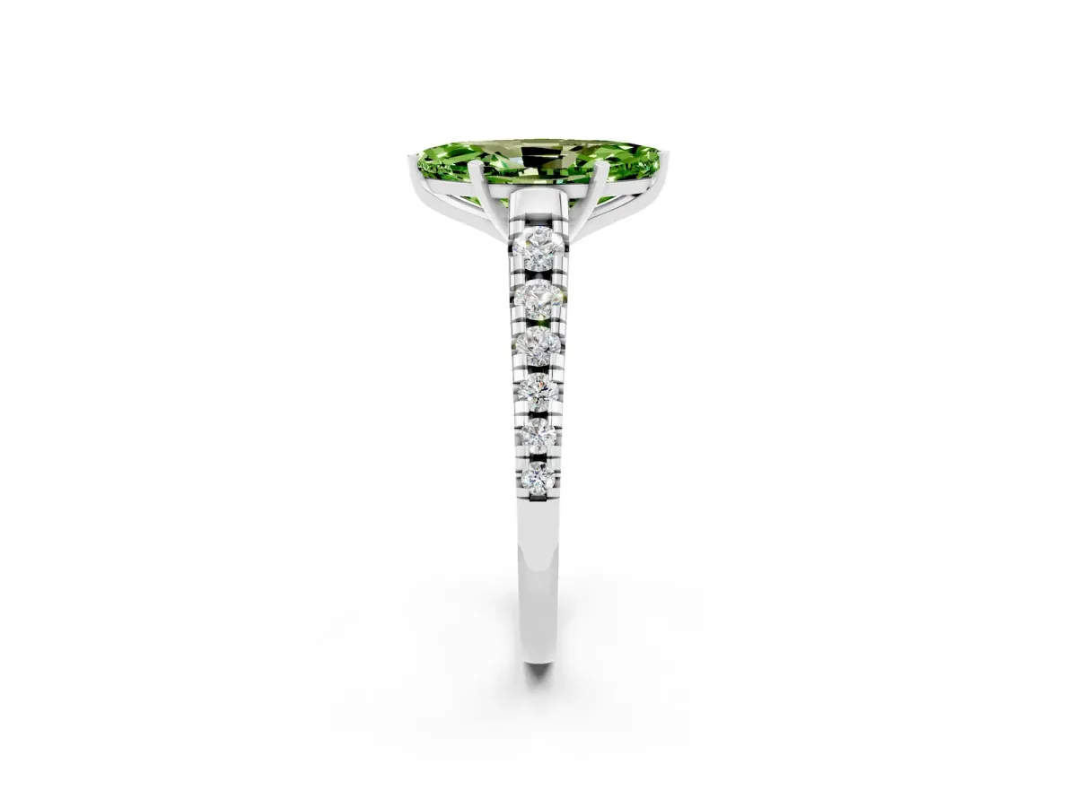 Marquise Cut Peridot Cathedral Solitaire Ring with Round Pavé Band Platinum