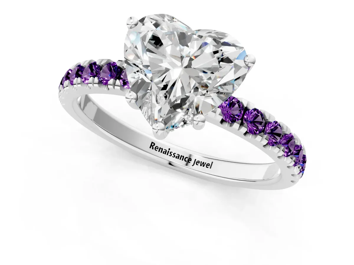 Heart Cut Diamond Pave Band Solitaire Ring with Round Amethyst and Prong Setting Platinum