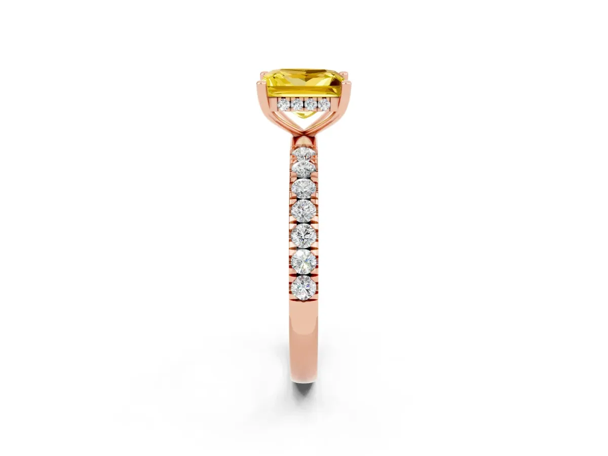 Princess Cut Yellow Sapphire Pave Band Solitaire Ring with Round and Prong Setting Rose gold