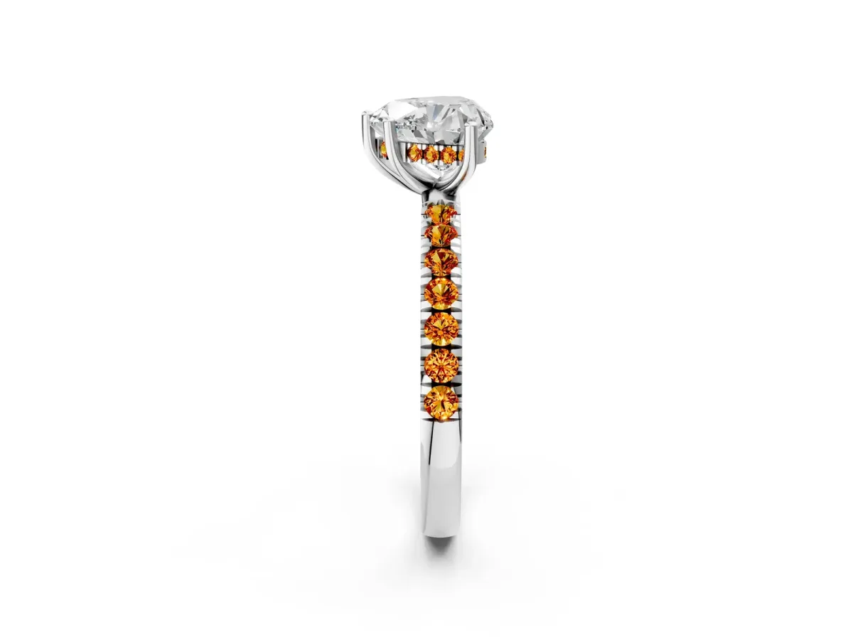 Heart Cut Diamond Pave Band Solitaire Ring with Round Citrine and Prong Setting Platinum