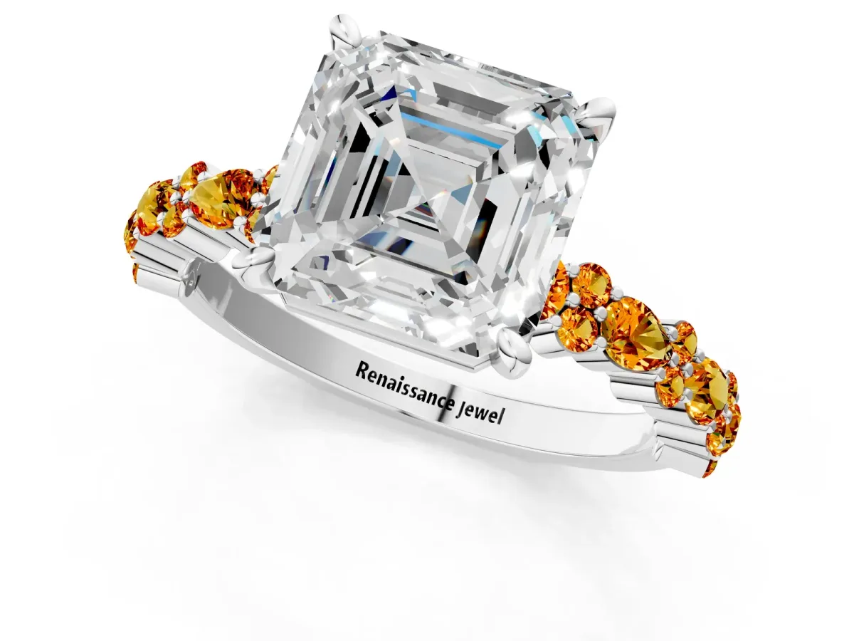 Asscher Cut Diamond Side Stone Solitaire Ring with Round Citrine and Four-Prong Setting Silver