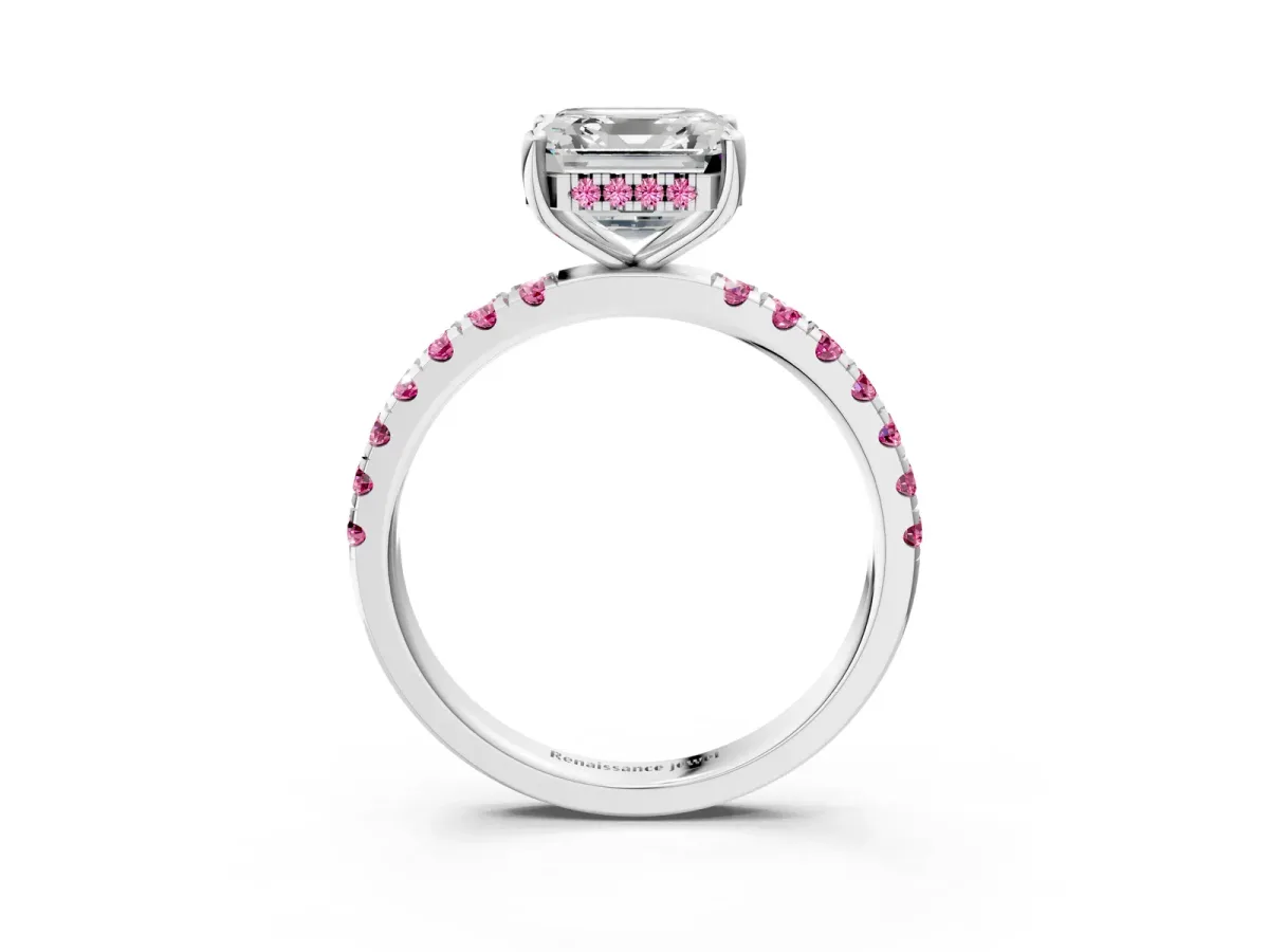 Asscher Cut Diamond Pave Band Solitaire Ring with Round Pink Sapphire and Prong Setting Platinum